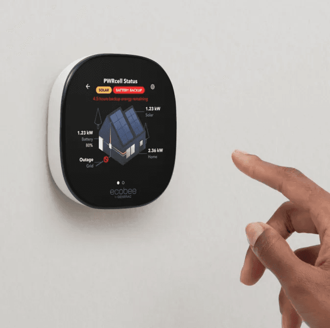 An ecobee smart control showing live solar, battery and generator status.