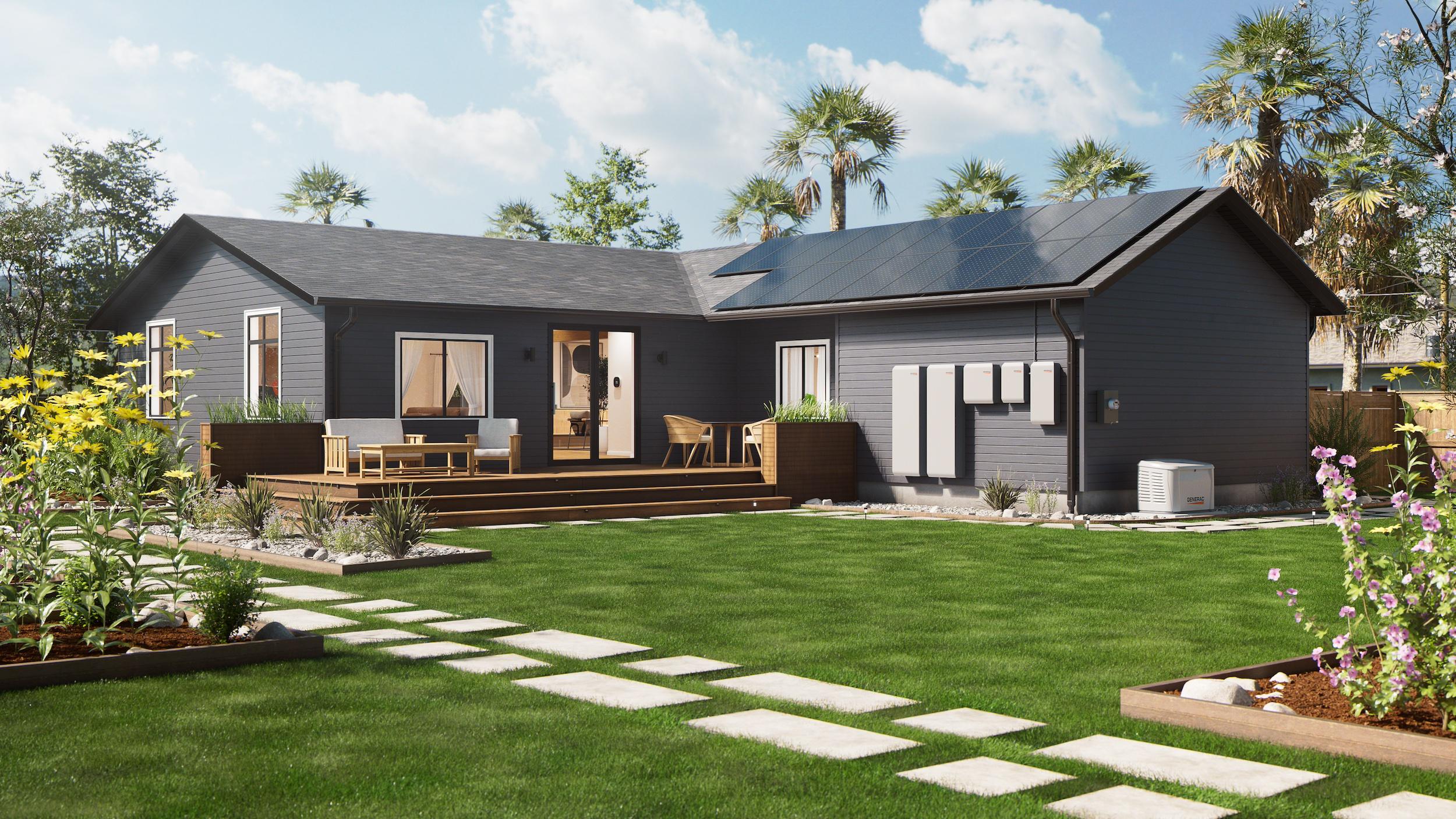 A modern home with rooftop solar, Generac PWRcell batteries and a backup generator on a bright day
