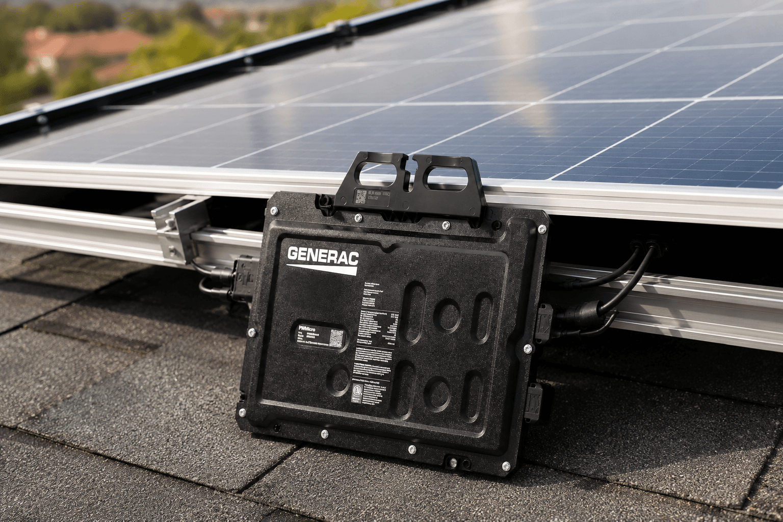 A Generac PWRmicro microinverter mounted under rooftop solar panels.